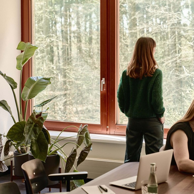 A woman standing at a window in one of Bold Campus meeting rooms looking out into the woods